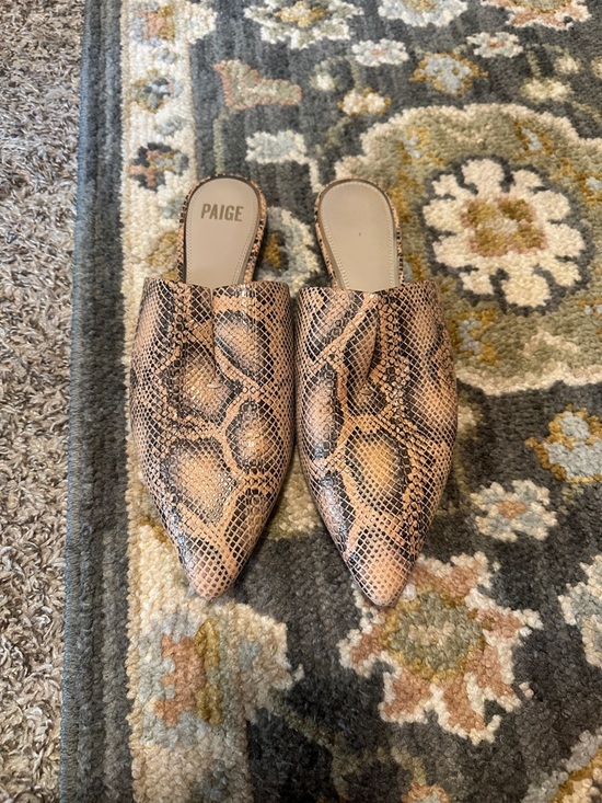 PAIGE Shoes - PAIGE Brown Tan Snake-Print Pointed Mule Slides